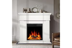 R.W.FLAME 43” Electric Fireplace Mantel Wooden Surround Firebox, TV Stand with Freestanding Electric Fireplace, Remote Control, Adjustable Led Flame, 750W/1500W Pearl White