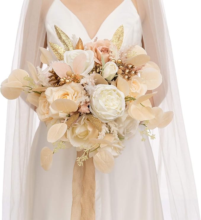 Ling's moment Artificial Flowers White & Beige Wedding Bouquets for Bride Tossing