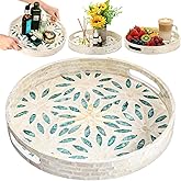 Mezchi Mother of Pearl Decorative Serving Tray, 12 Inch Round Decorative Table Tray, Wood Coffee Table Ottoman Tray with Handles for Home Decor, Centerpiece Display,Tea, Breakfast