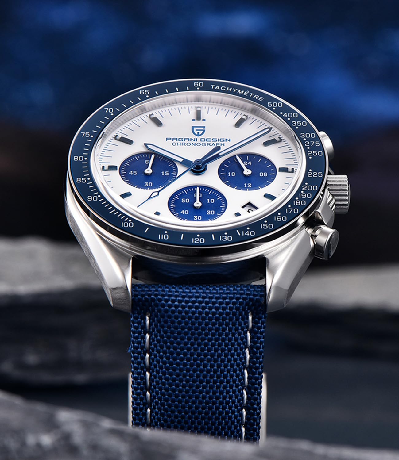 RollsTimi Pagani Design 1701 Men's Watch White Dial Men's Quartz Chronograph Japan VK63 Movement Stainless Steel Bracelet 100M Water Resistant Sport Watch.