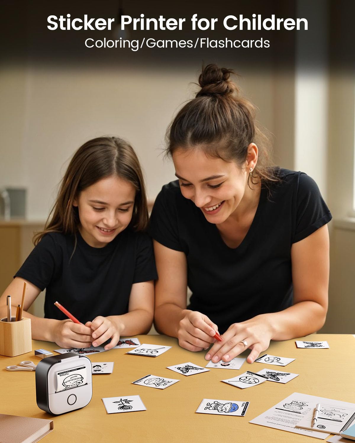 Students using the Memoking Mini Printer T02 to print study graphics for medical, geography, chemistry, biology, physics, and math subjects.