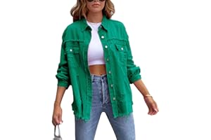 Perbai Womens Oversized Ripped Denim Jacket Frayed Hem Button Front Boyfriend Jean Coat Western Shacket with Pockets
