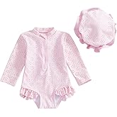 Yccutest Toddler Girl Solid Swimsuit Baby Long Sleeve Rash Guard Bathing Suit Girl One Piece Hollow Out Swimwear with Sun Hat