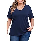 Women's Plus Size Short Sleeve Tops Curved V Neck Casual Loose Fit Shirts Summer Blouses 2025 Trendy Clothes