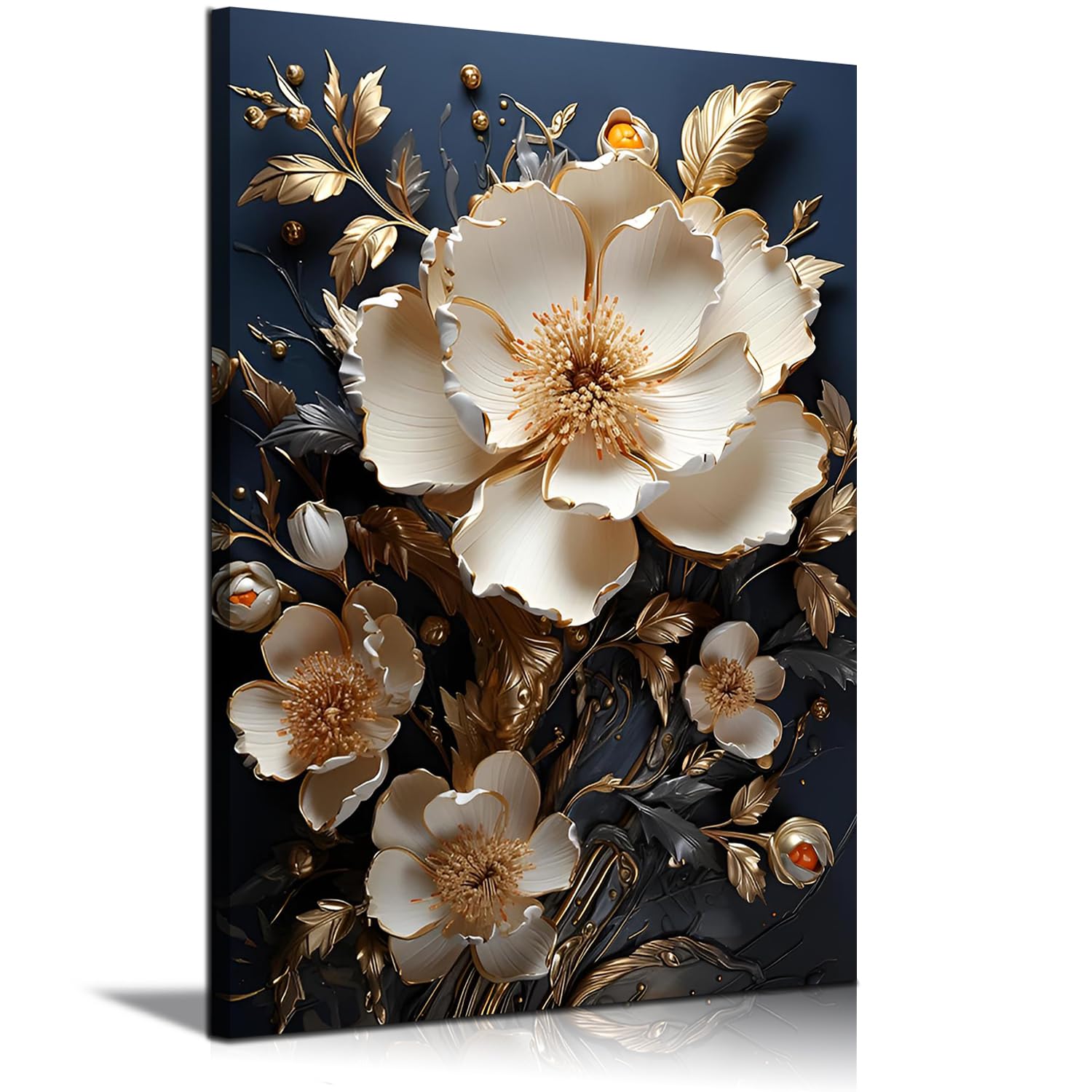 Photo 1 of 3D Abstract Flower Canvas Wall Art White Floral Texture Poster Prints Serene Blossoms Wall decor pictures for Bedroom and Bathroom Home Decorations Framed (12inx16in Canvas)