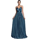 BluePlum Sexy Backless Maxi Formal Dress for Women with Sequin, Sleeveless Pleated Evening Gowns for Wedding and Cocktail