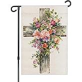 ALEXMACLIST Spring Summer Garden Flag, Religious Easter Cross flower Yard Outside Decorations, Inspirational Burlap Outdoor Small Home Decor 12 x 18