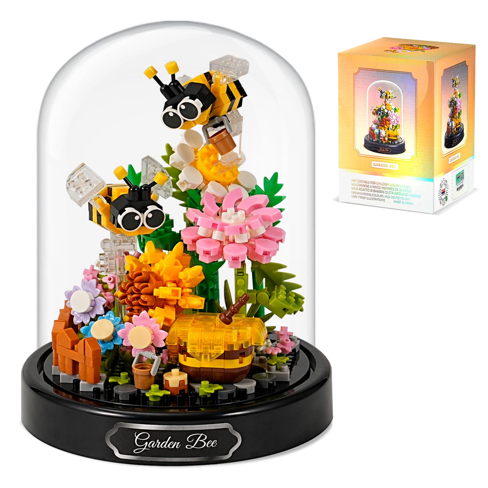 Mini Animals Flower Building Set - 588 Pcs Animals and Flower Building Blocks with Transparent Cover, Flower Garden Block Den Building Kit, Building Blocks for Home Decoration (Honeybee)