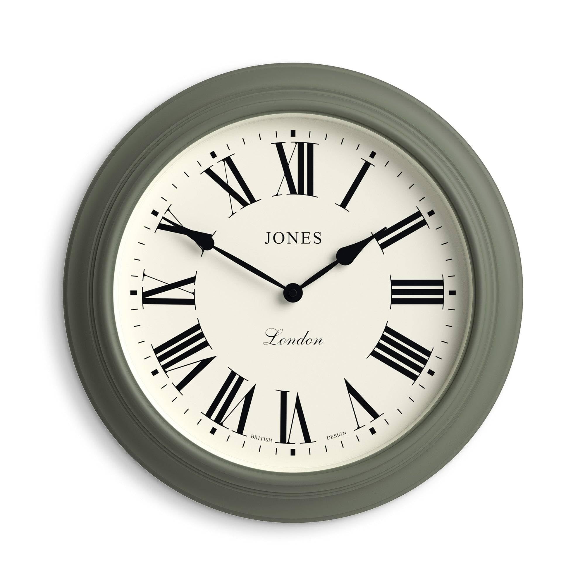 Jones Clocks® Supper Club wall clock | Large classic round clock | 40cm | Asparagus green | Roman numerals | Traditional design ideal for kitchen or living room