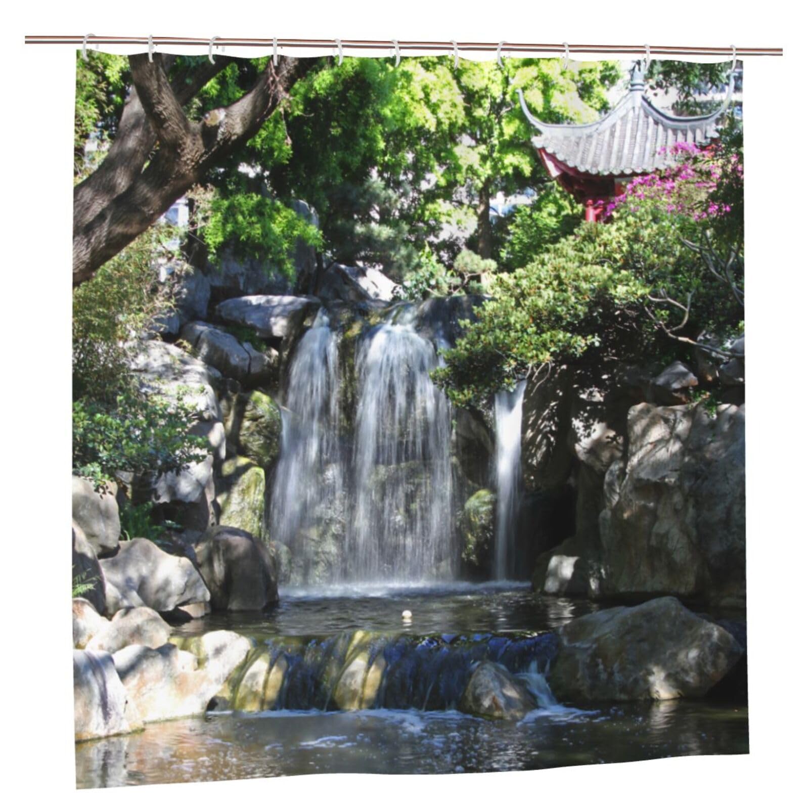 Newhomestyle Waterfall Scenery Garden Shower Curtain, Waterproof Polyester Fabric Pavilion Bathroom Shower Curtain, Summer Bath Room Bathtub Curtain with 12 Hooks, 180X180cm — image 1