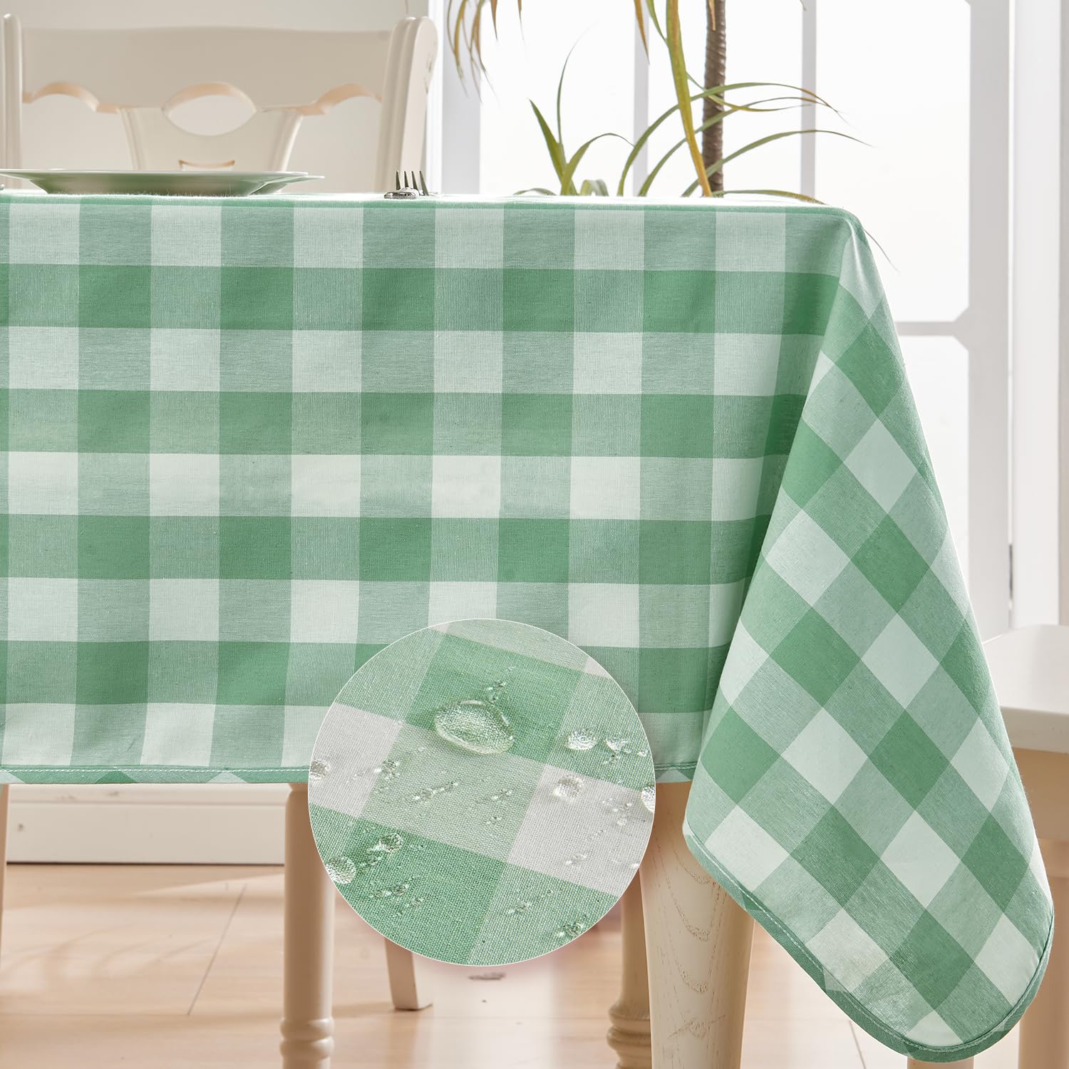 BALCONY & FALCON Gingham Tablecloth Rectangle – Reversible, Water-Resistant, Machine Washable Cotton Blend Checkered Table Cloth for Dining, Picnic, BBQ, Easter, Party Decor (Green White, 140x180cm)