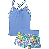 Girls Tankini Swimsuit Two Piece Cross Straps Back Bathing Suits with Pockets Shorts Kids Swimwear Sets 5-16 Years
