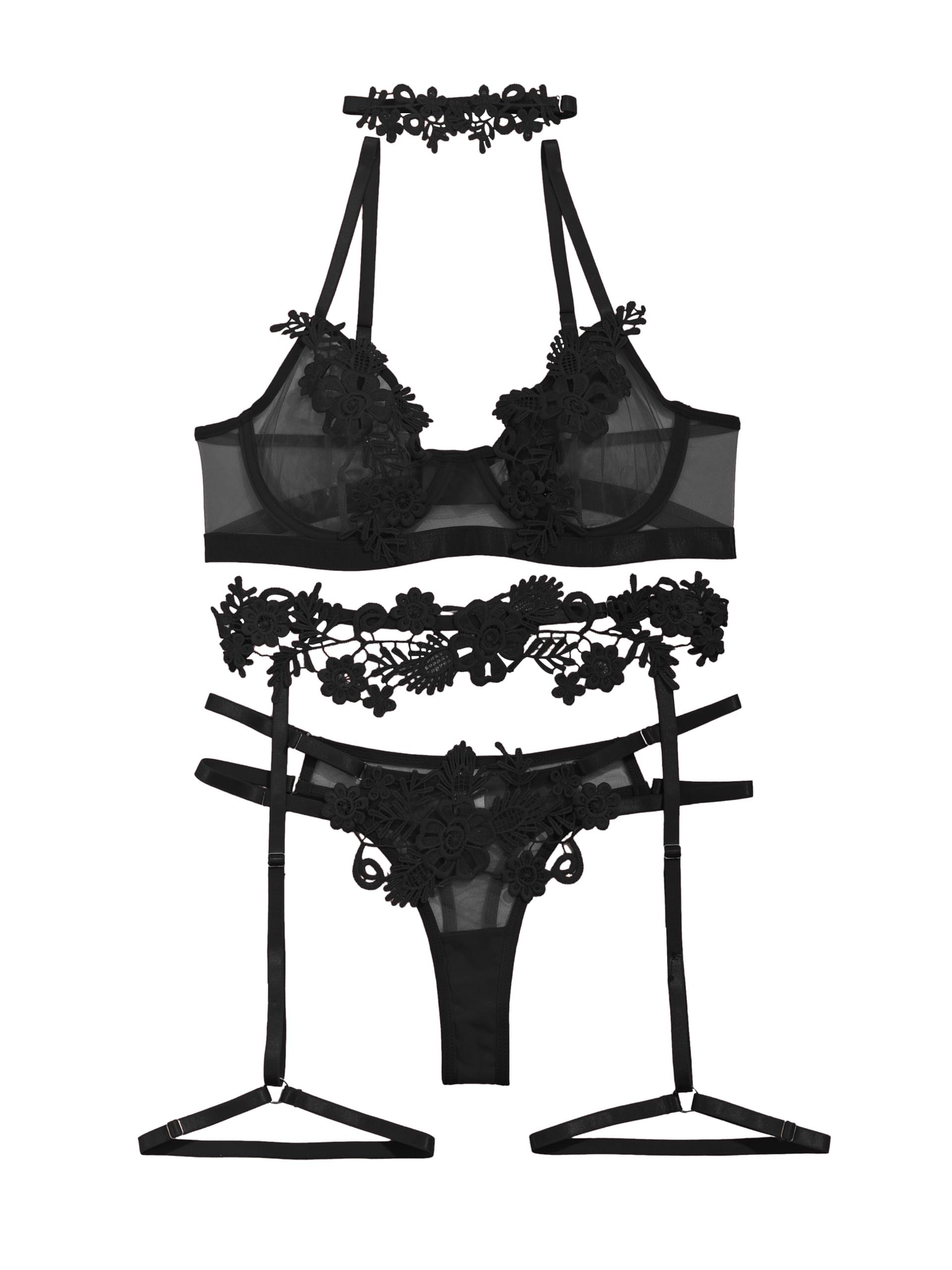 NewLilosy Sexy Underwire Cute Push Strappy Embroidered Mesh Sheer Lingerie Set See Through Panty Bra main image 0