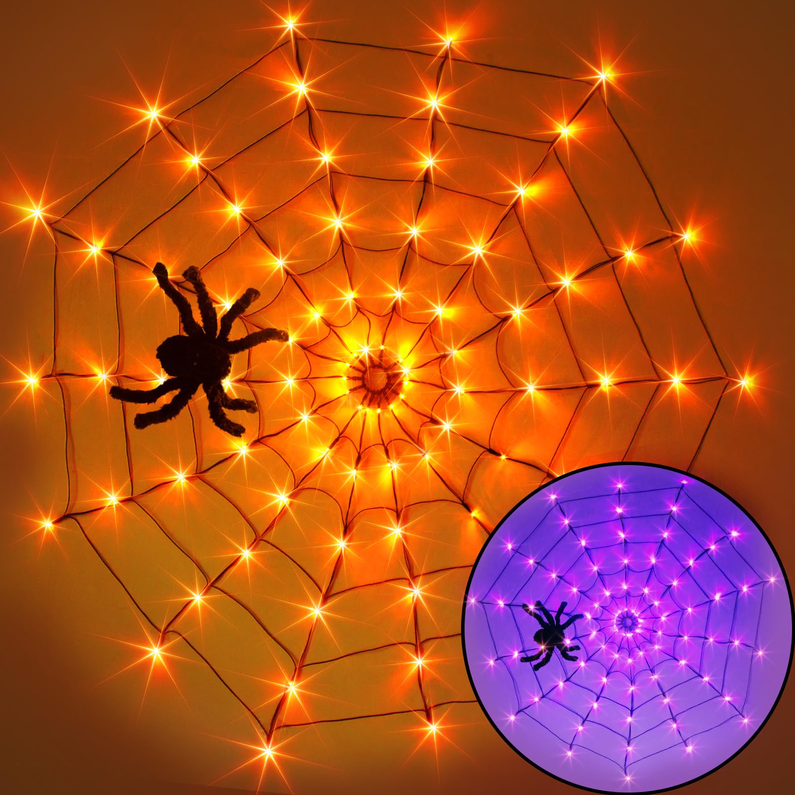 Photo 1 of Vanthylit Halloween Decorations, Spider Web Lights for Home, 4FT 84LED Light Up Spiderweb with Black Spider, Halloween Lights for Haunted Window Room Indoor Outdoor Decorations (Orange & Purple)