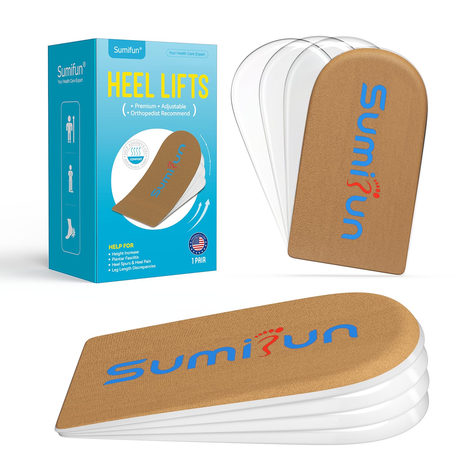 Photo 1 of Sumifun Heel Lift, 4-Layer 1 Inch Gel Shoe Lifts for Women Uneven Legs, Adjustable Orthopedic Heel Lifts for Heel Pain and Leg Length Discrepancy, Heel Wedge Inserts 1/4" 1/2" 3/4" (Size S, 1 Pair)