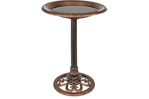 Alpine Corporation | 28" Bronze Outdoor Pedestal Birdbath with Scrollwork Base and Ground Stakes — Elegant Garden Décor, Durable Weather-Resistant Design for Lawn, Patio, or Yard
