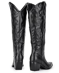 Pasuot Knee-High Wide Calf Cowgirl Boots - Black