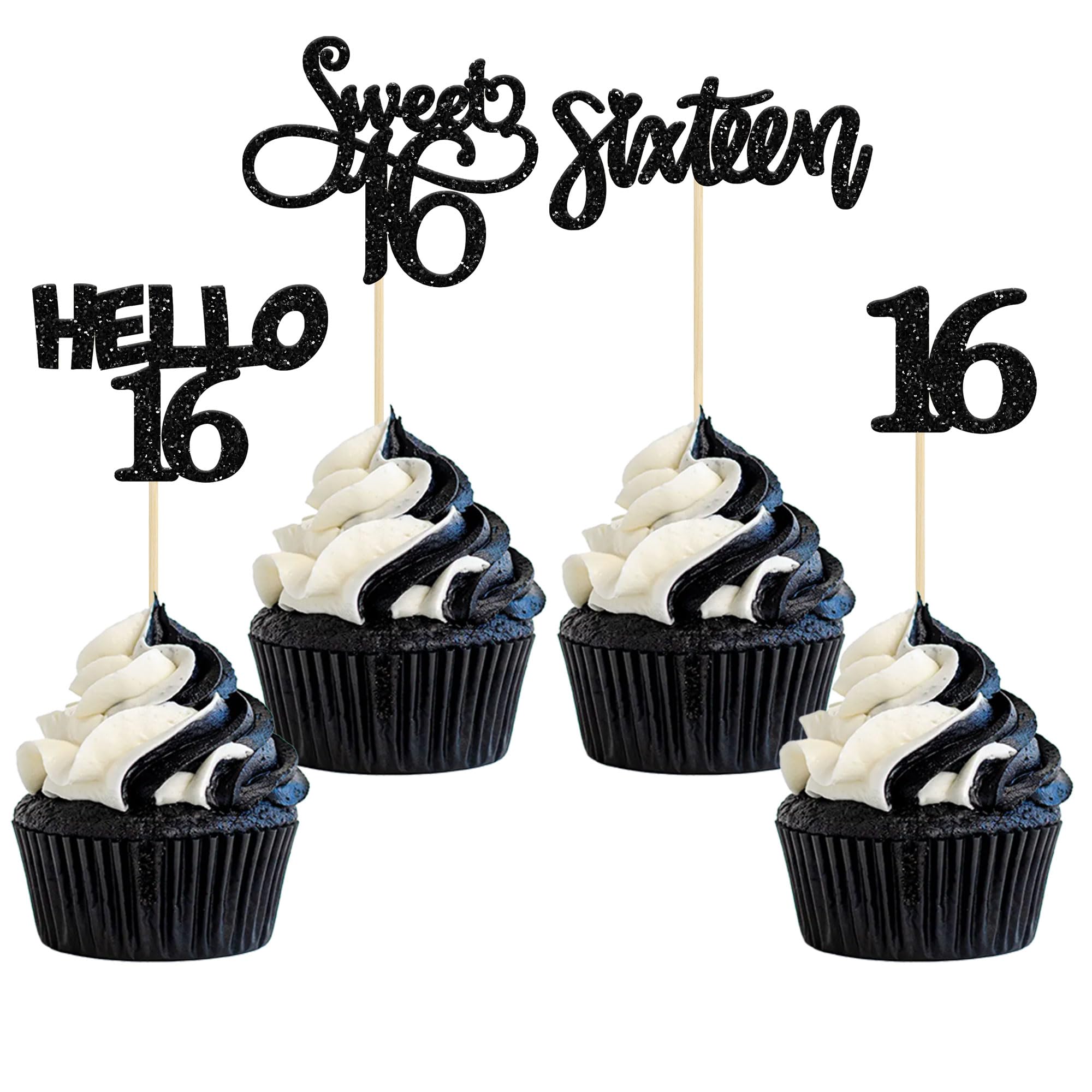 Gyufise 24Pcs Black Glitter 16th Birthday Cupcake Toppers Sweet 16 Cake Toppers Hello 16 Sixteen Cupcake Picks for 16th Birthday Cake Decorations Supplies