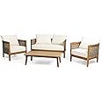 CHRISTOPHER KNIGHT HOME Burchett Outdoor 4pc Chat Set - Acacia Wood and Wicker - Teak/Mixed Brown/Beige