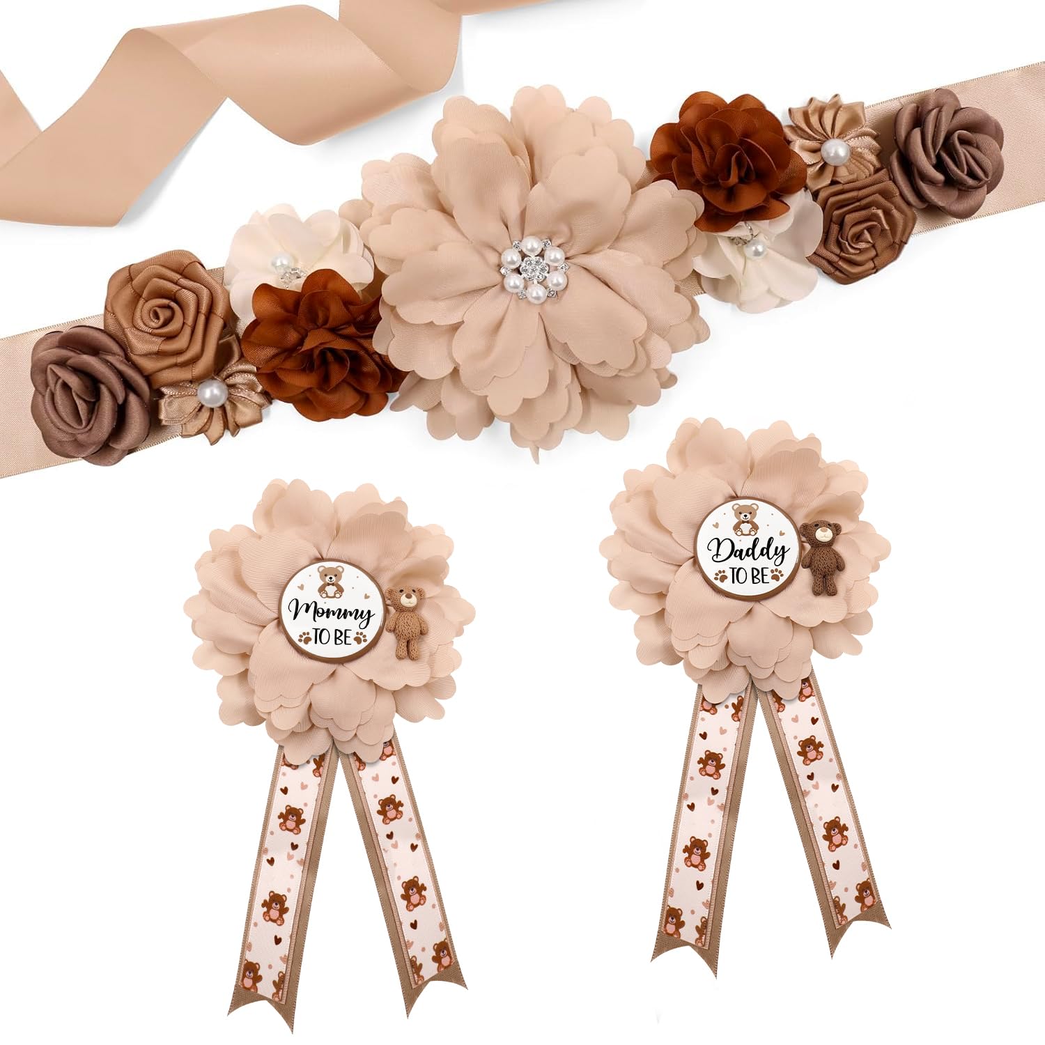 Photo 1 of Vansolinne Brown Teddy Bear Maternity Sash Kit Mom to Be Daddy to Be Corsage Pins Bear Theme Baby Shower Decorations Teddy Bear Belly Band Pregnancy Photo Props New Parents Keepsake