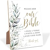 QKX Greenery Wooden Wedding Sign, Please Sign Our Bible Sign, Floral Bridal Shower with Stand, Wedding Table for Reception, Engagement, Anniversary Event, Proposal Party Night, 12
