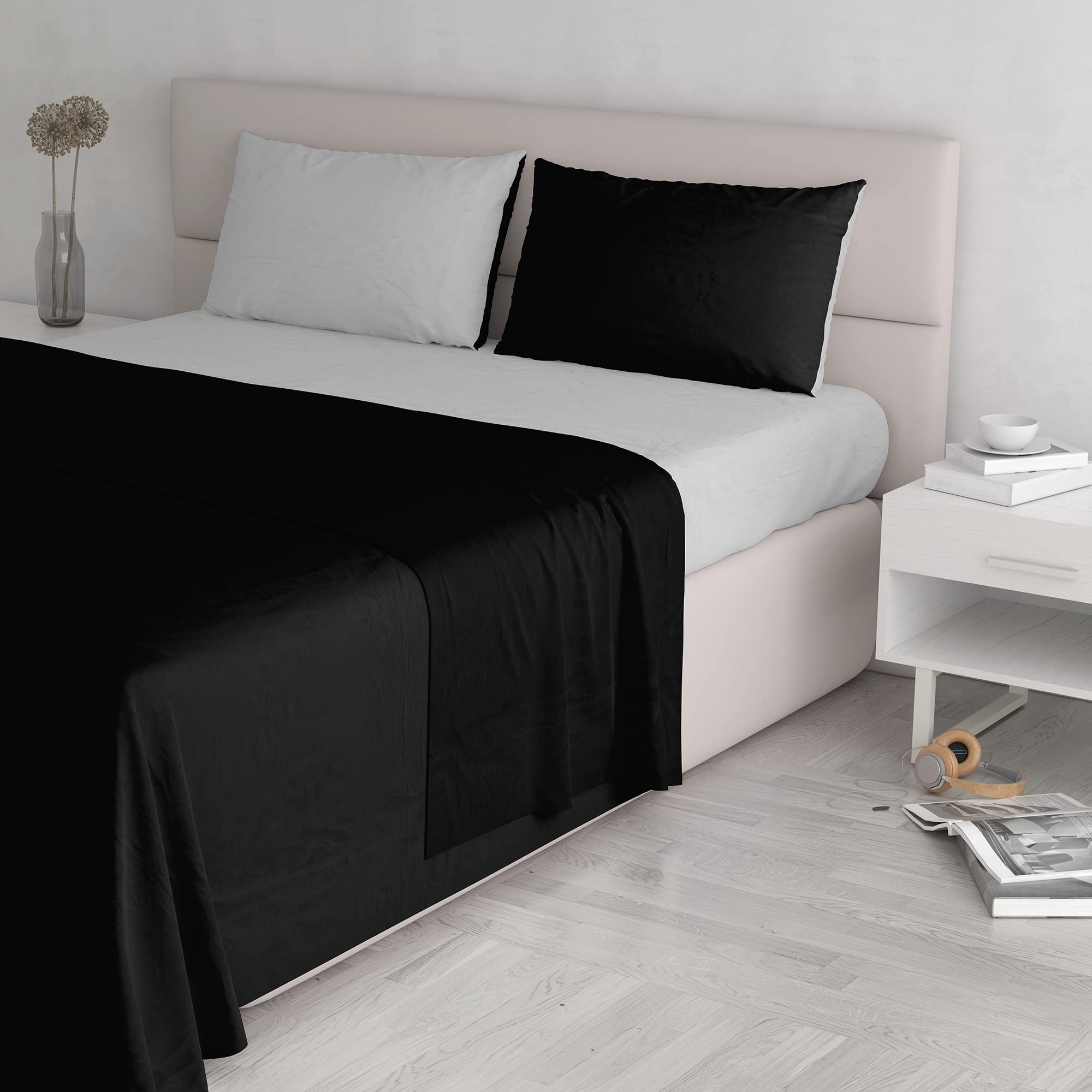 Italian Bed Linen Natural Color Bed Set (Flat 250x300, Fitted Sheet 170x200cm+2 Pillowcases 52x82cm), Petrol Bottle Green, Black/Light Gray, DOUBLE