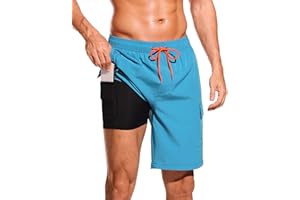 SILKWORLD Men's Swim Trunks with Compression Liner Quick Dry Bathing Suits 9 Inch Swimming Shorts with Cargo Pockets