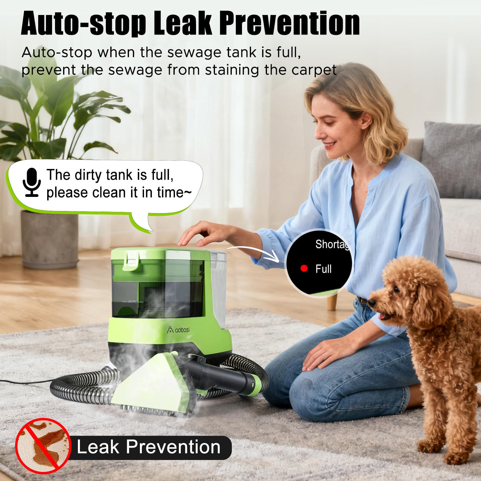 AAOBOSI Portable Carpet Cleaner Machine, 17Kpa Upholstery Steam Cleaner with Smart Voice Prompting, Self-cleaning, 4 Tools for Pets, Car, Couch and Stairs- C688, Green