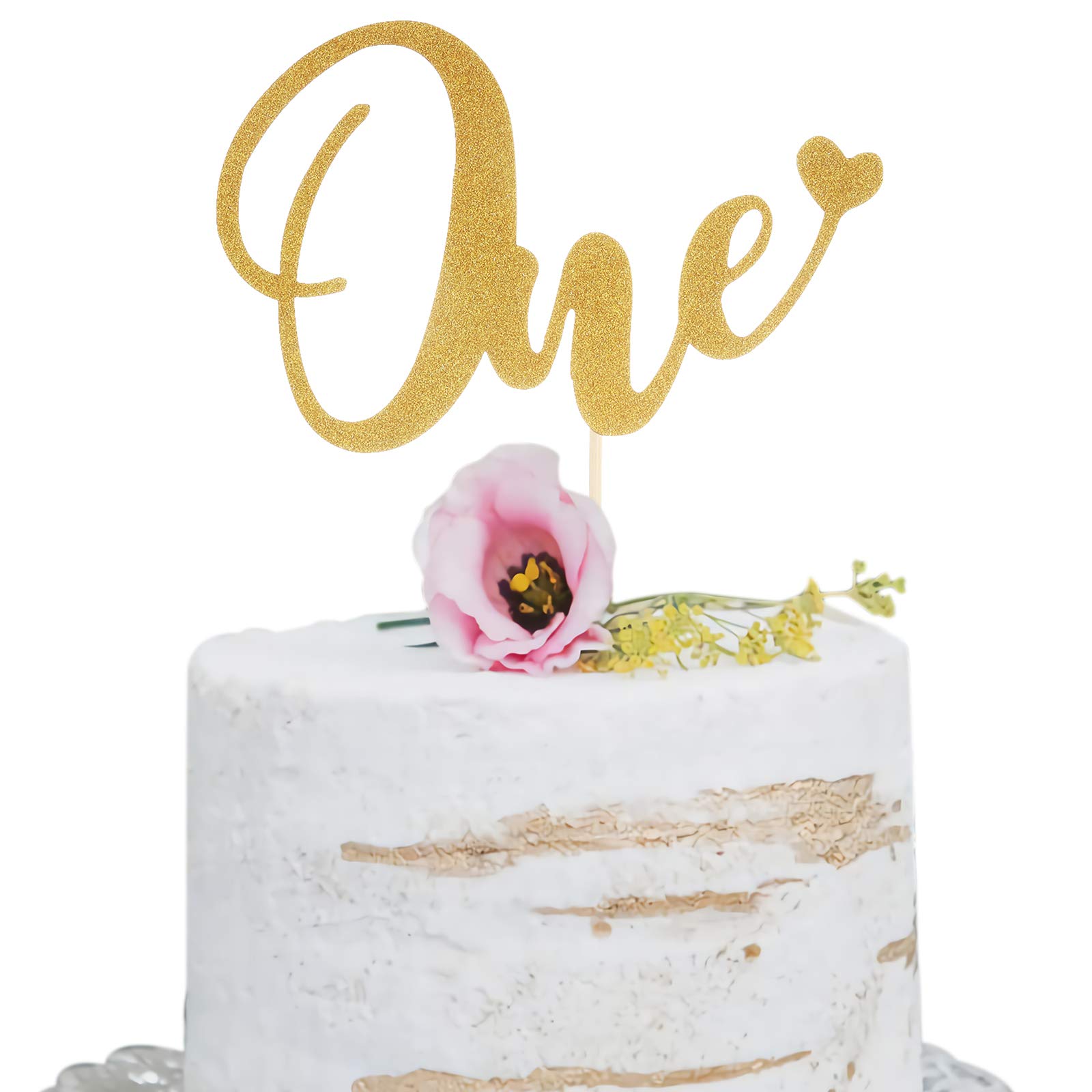 Gold One Cake Topper for 1st Birthday - Golden Glitter Love Heart Cake Decoration Supplies, Single Sided Cake Smash Decoration Photo Booth Props