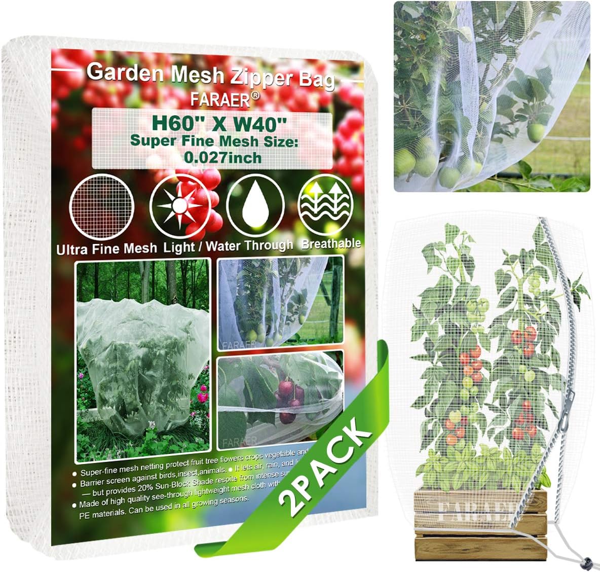 Garden Barrier Netting Bag, 2Pack Plant Covers 60''x40'' Mesh Bag with Zipper and Drawstring Ultra Fine Mesh Protection Netting for Vegetable Fruits Flowers Protect Against Birds Deer Protective Net