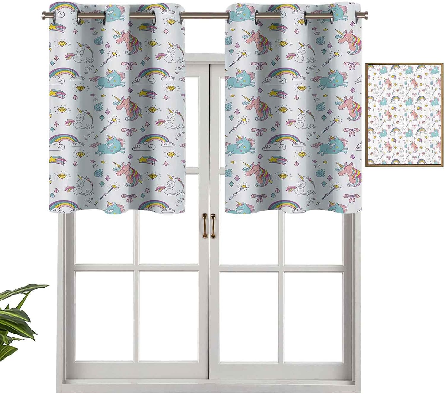 Hiiiman Cortina corta con ojales para ventana, diseño de unicornios