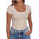 PALINDA Women's Short Sleeve Scoop Neck Fitted Shirts Basic Casual Stretchy T Shirt Workout Tops