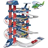 DUYOYU City Ultimate Garage Track Set with Electric Elevator, Upgrade 5 Levels Toy Car Garage with 5 Die-Cast Toy Cars &amp; 1 Helicopter