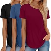 Huukeay 3 Pack Women's Short Sleeve Shirts Loose Fit Summer Tunic Tops Knitted Round Neck Casual Basic T Shirt