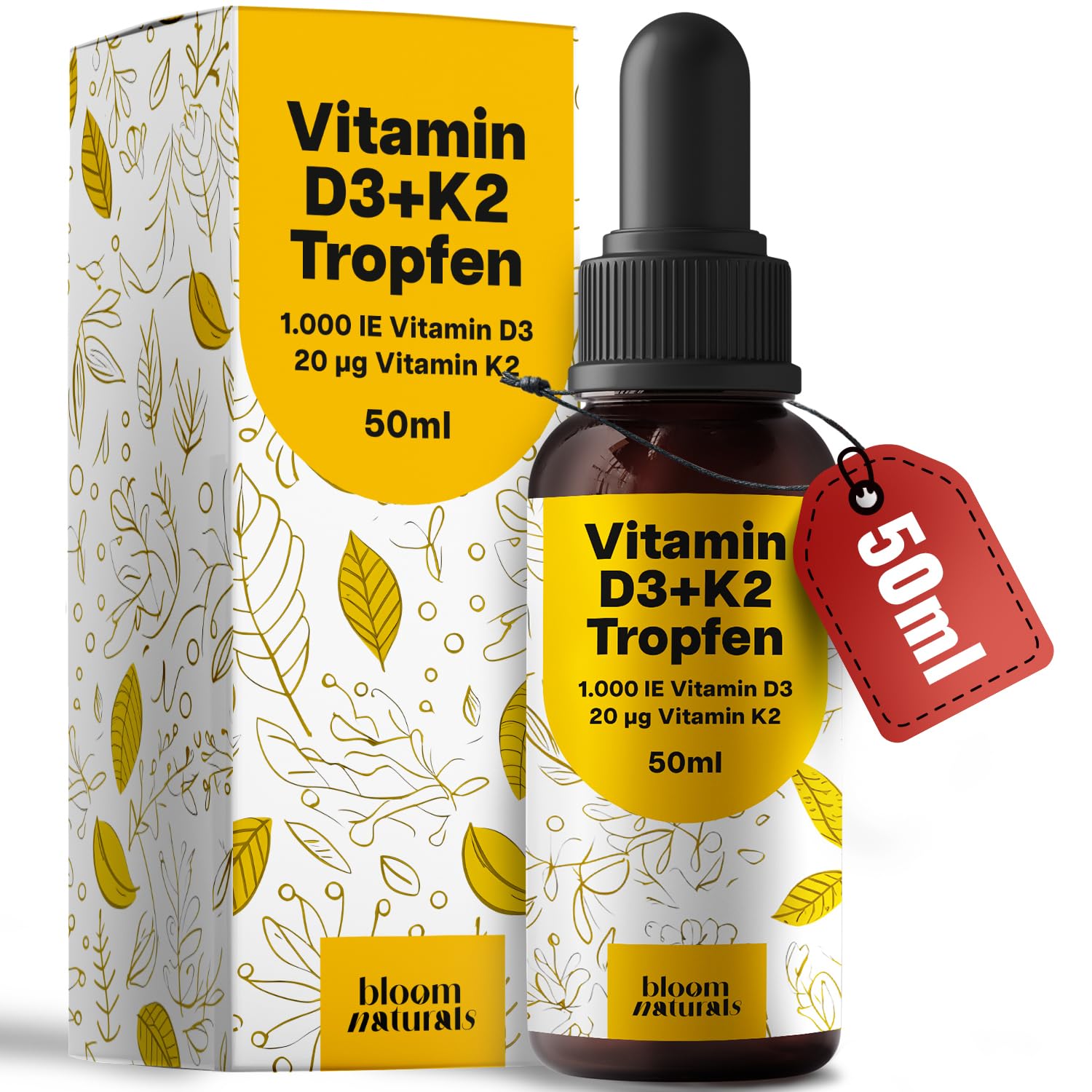 Vitamin D3 K2 Tropfen hochdosiert - 50 ml - 1.000 IE D3 + 20 µg K2, Vitamin D produziert in Deutschland - Verpackung kann variieren Laborgeprüft