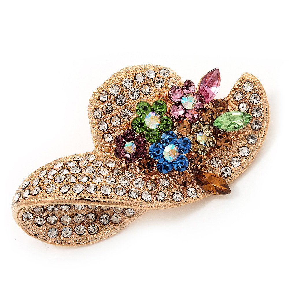 Charming Diamante 'Hat' Brooch In Gold Plated Metal