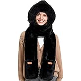 RainFlowwer Hooded Scarf for Women Winter, Ear Hat Scarf 3 in 1Faux Fur Gloves Set Soft Thick Warm Hat, Black