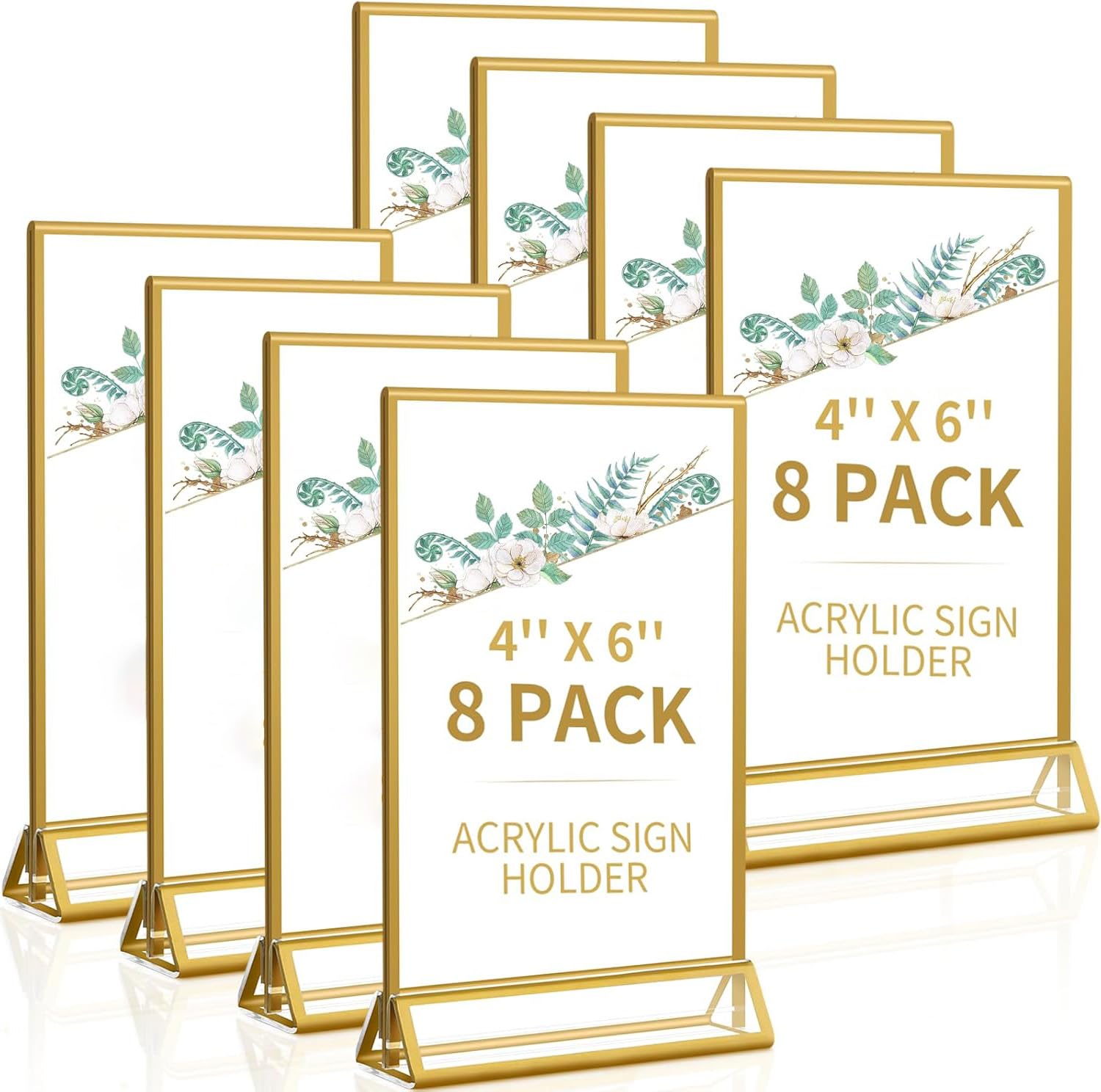 Photo 1 of Smarpau 4x6 Gold Acrylic Sign Holder Table Number Holders 8 Pack Vertical Double Sided Clear Picture Frames for Wedding Flyer Display Stands Table Menu Holders