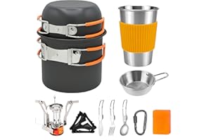 JUSFANE Camping Cookware Mess Kit, Non-Stick Lightweight Camping Pots and Pans with Kettle, Stainless Steel Cups Plates Forks