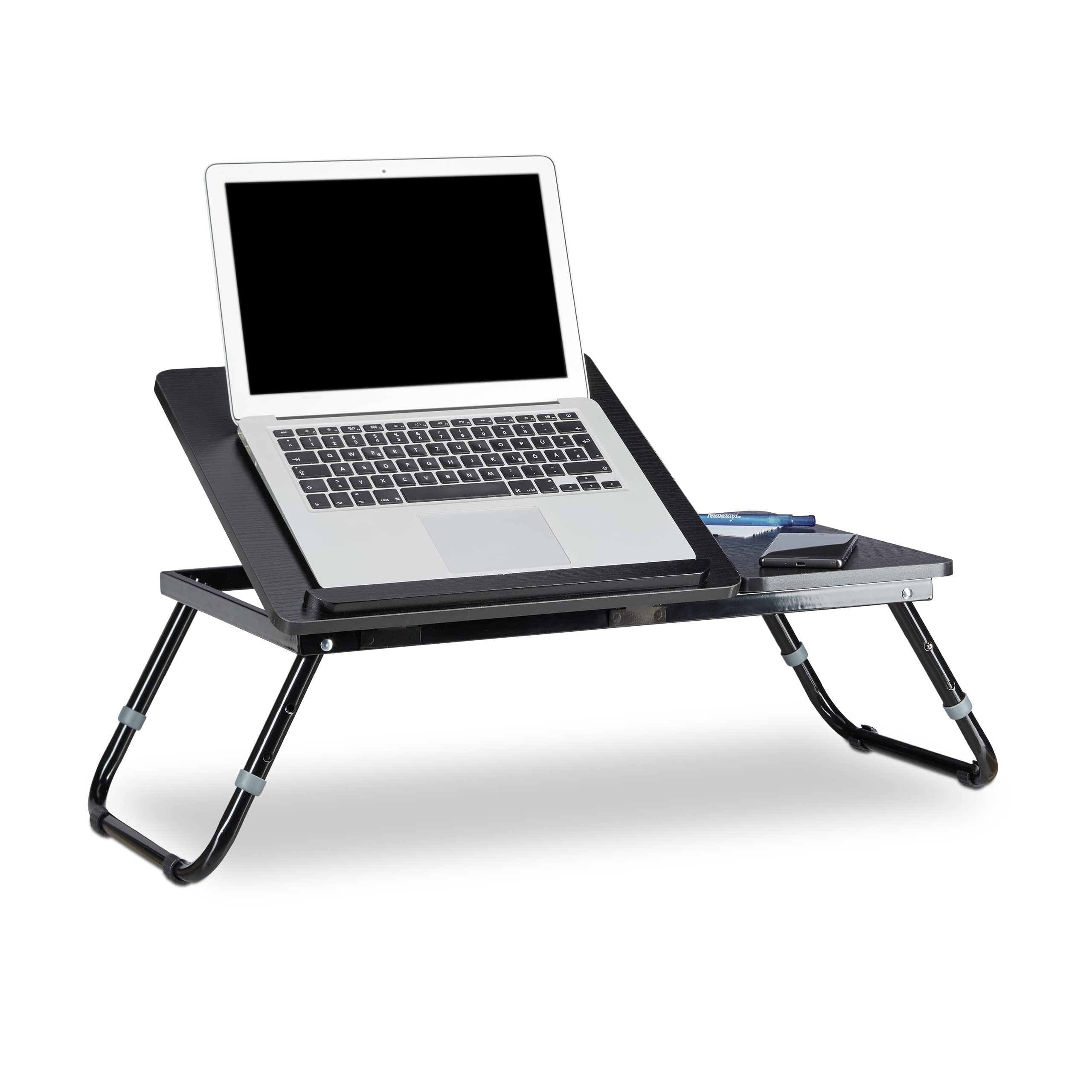 Relaxdays laptop table, lap desk, bed table, bed tray, notebook table, side table, laptop WTH 75 cm x 35 cm x 40 cm, wood, black, with reading flap, height-adjustable, foldable