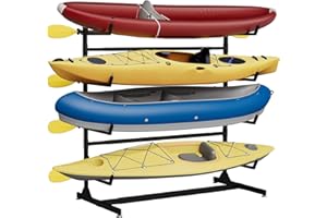 GOFEI Freestanding Kayak Storage Rack with Wheels – 4-Tier Heavy Duty Stand Holds Kayaks, Canoes, Surfboards – Adjustable Indoor Outdoor Organizer, 450 lbs Capacity