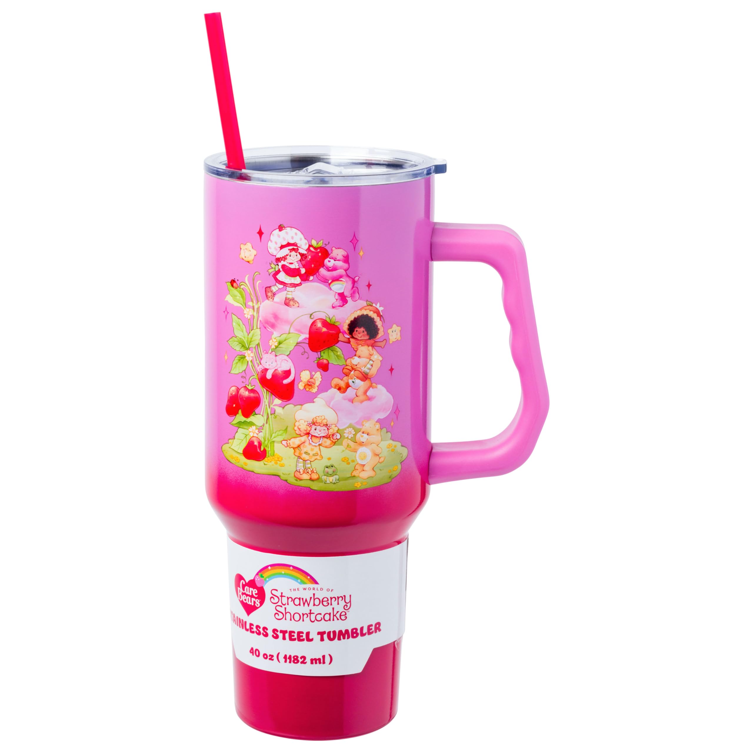 Silver Buffalo Care Bears and Strawberry Shortcake Ombre Stainless Steel Tumbler with Handle, Fits in Standard Cup Holder, 40 Ounces Image