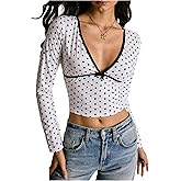 MakeMeChic Women's Polka Dots Deep V Neck Crop Tops Long Sleeve Y2k Fall T Shirts