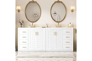 THINK 30 72 Inch White Bathroom Vanity with Double Sink,Herringbone Front Modern Double Sink Vanity with 6 Side Drawers & 2 Cabinets,Soft Closing Doors with Gold Handles,Solid Wood Frame(2 * 36 Inch)