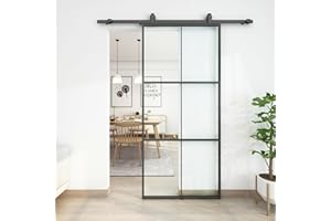 JUBEST 36in x 80in Glass Sliding Barn Door, 3-Panel Black Aluminum Frame and Clear Tempered Glass Modern French Door, Easy to Install (No Sliding Hardware Kit)
