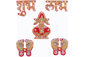TRENDBELL Red Acrylic Diya Diwali Shubh Labh with Laxmi Charan Paduka Feet Pagala Dipawali Door Rangoli Floor Decorations Table Decoration Studded Stones Sequins Traditional Festive Home Decor (Red1)