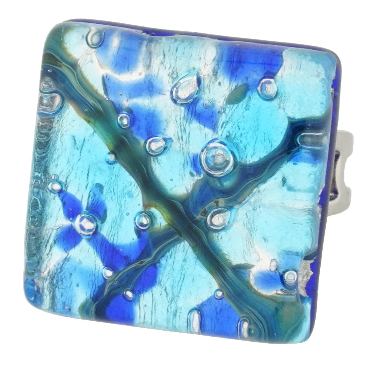 Glass Of Venice Murano Glass Venetian Reflections Square Adjustable Ring - Aqua Blue