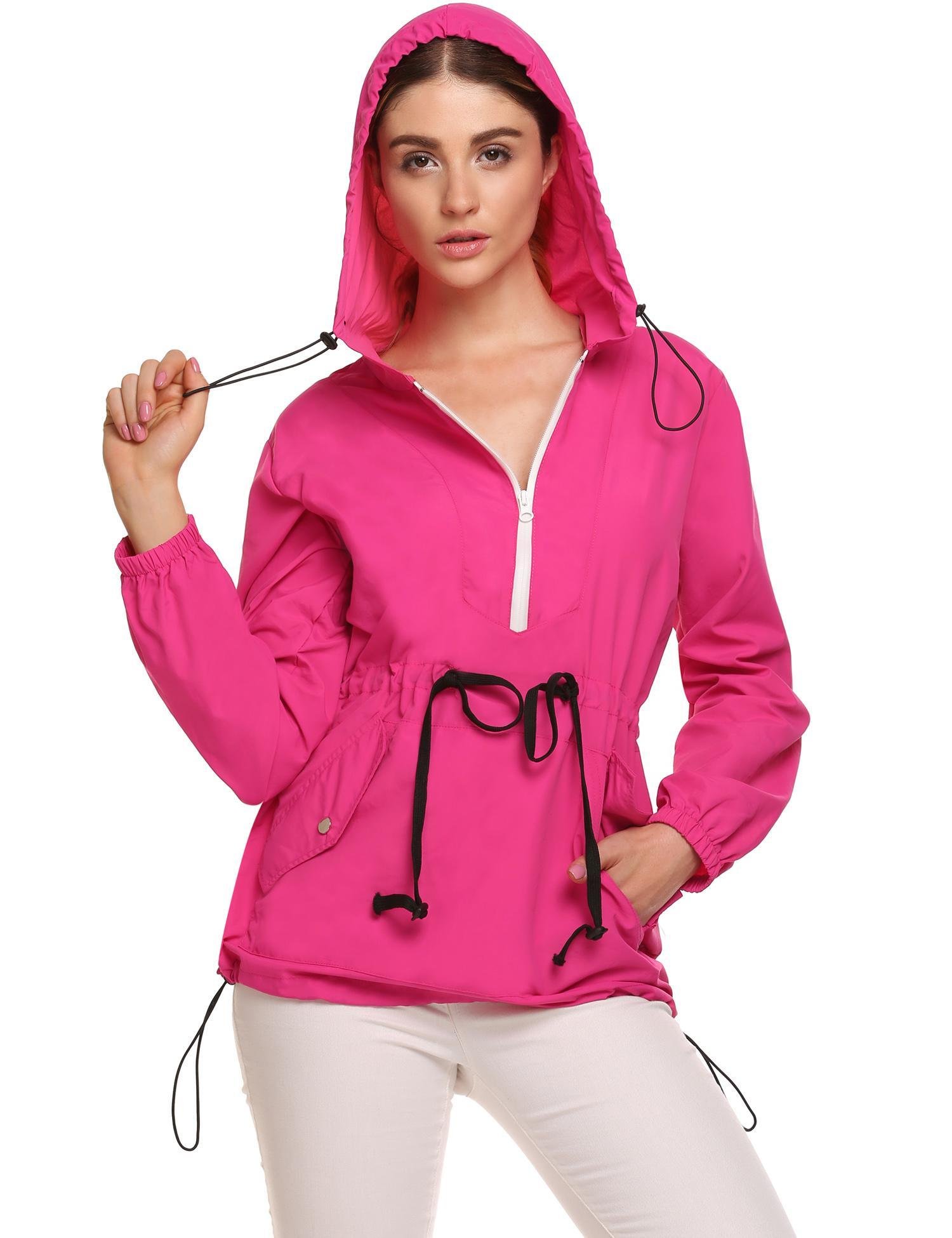 FineFolk Women Waterproof Lightweight Hood Reflective Outdoor Raincoat Windbreaker Rain Jacket Black