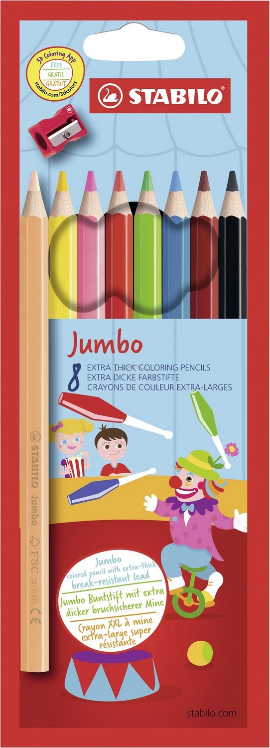 STABILO Colouring Pencil Jumbo Wallet of 8 Assorted Colours + Sharpener