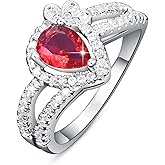Psiroy 925 Sterling Silver Plated Fashion Pear Cut Simulated Ruby Spinel Halo Wedding Band CZ Promise Engagement Ring for Women
